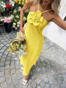 YHHSylviya Vestido maxi con abertura y estampado floral 3D en escote halter, vestido de verano de color amarillo mantequilla para mujer, atuendos de verano, atuendos de vacaciones, atuendos de playa, vestidos de graduación, ropa de verano, vestidos de vacaciones, vestidos de playa, ropa de vacaciones, estilo bohemio, atuendos para salir, vacacionesYHH - Amarillo 3 - Ver 3
