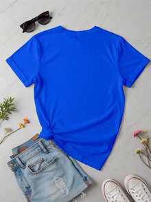Playera básica mujer dama cuello redondo manga corta estampado de letras LB gotico Camisetas gráficas de manga corta de ajuste casual y delgado para mujeres casual algodón Textura Suave Fortiz - Azul - Ver 2