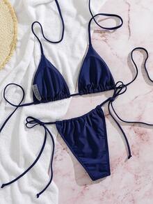 Bộ bikini nữ gợi cảm màu trơn cổ yếm đi biển, bộ bikini gợi cảm màu trơn, áo cổ yếm buộc sau lưng và quần buộc hai bên cho mùa hè - Xanh đậm - Xem 4