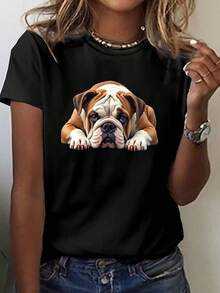 Camiseta para Amantes de  - Manga Corta Cuello Redondo con Estampado Detallado de Cara de Bulldog, Tejido Elástico Cómodo Ideal para Verano y Primavera, Atuendos Diarios para Dueños de Perros y Eventos de Razas - Negro - Ver 1