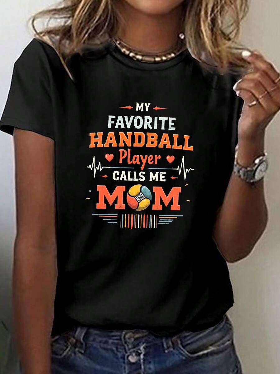 Camiseta de Mamá de Baloncesto para Mujer con Estampado Gráfico - Manga Corta y Cuello Redondo, Tejido Elástico Medio, Lavable a Máquina, Cómoda para Todas las Estaciones, Ropa Casual para Madres Deportistas, Camisa de Ocio, Colores Vibrantes, Transpirable, Moda Diaria - Negro - Ver 1