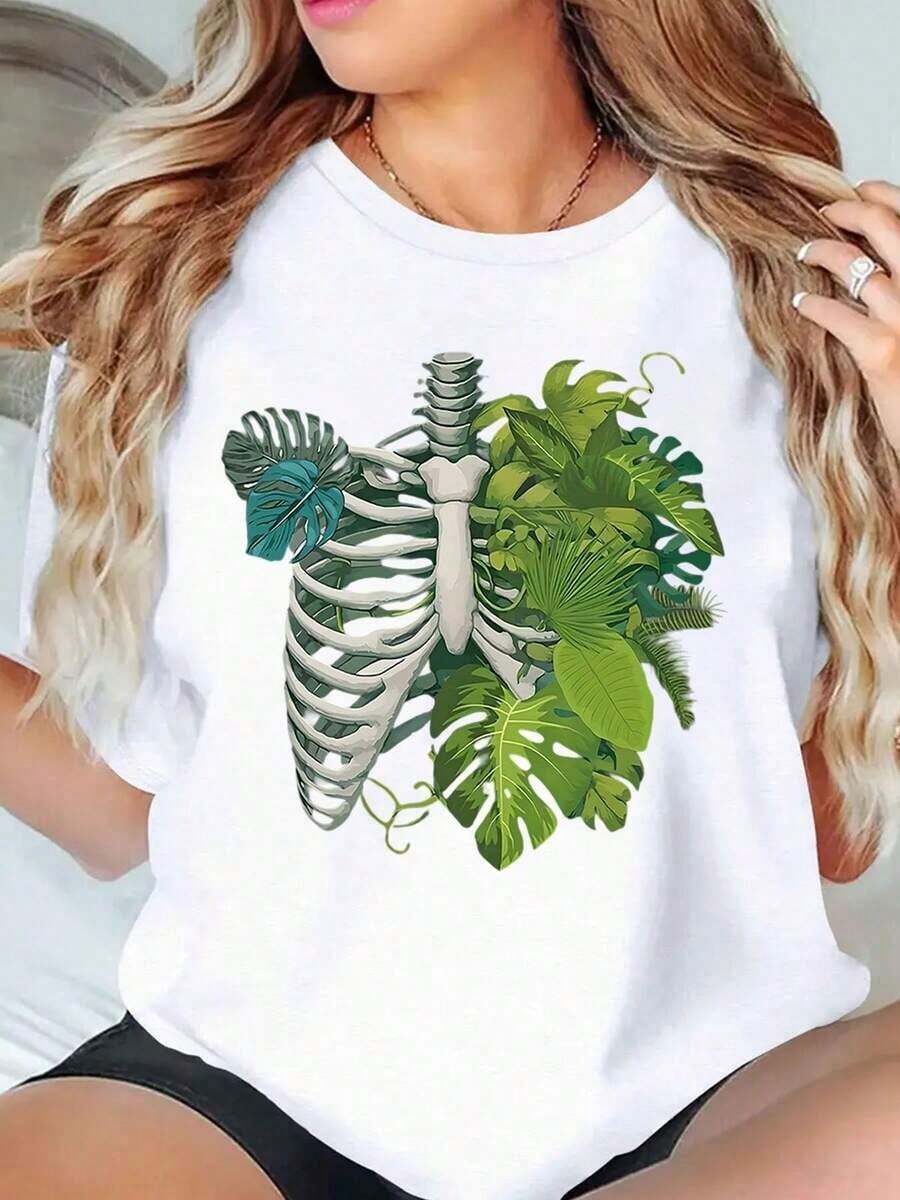 ropa de mujer Camiseta con diseño de esqueleto tropical y plantas para mujer, top de moda casual de verano con estampado de hojas de la selva, camisa de corte holgado, camisas de mujer - Blanco - Ver 1