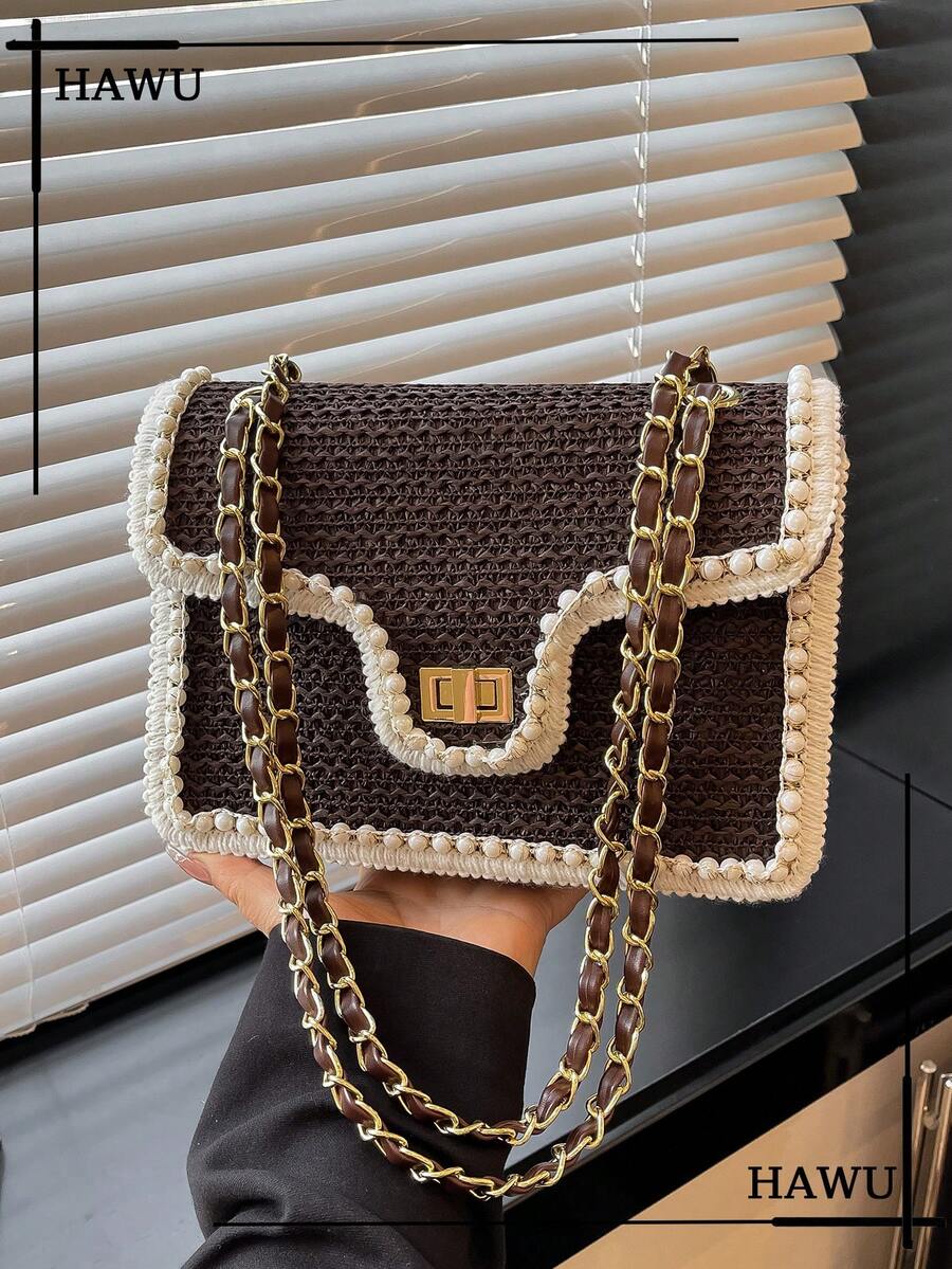 Fashion Pearl Design Straw Shoulder Bag, Small Square Bag For Beach Vacation - Coffee - View 1