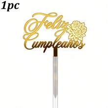 1个/3个金色亚克力“Feliz Cumpleaños”（西班牙语生日快乐）蛋糕装饰插牌，饰有花卉和蝴蝶图案，适合西班牙主题生日派对装饰。 - 多色 - 查看 15