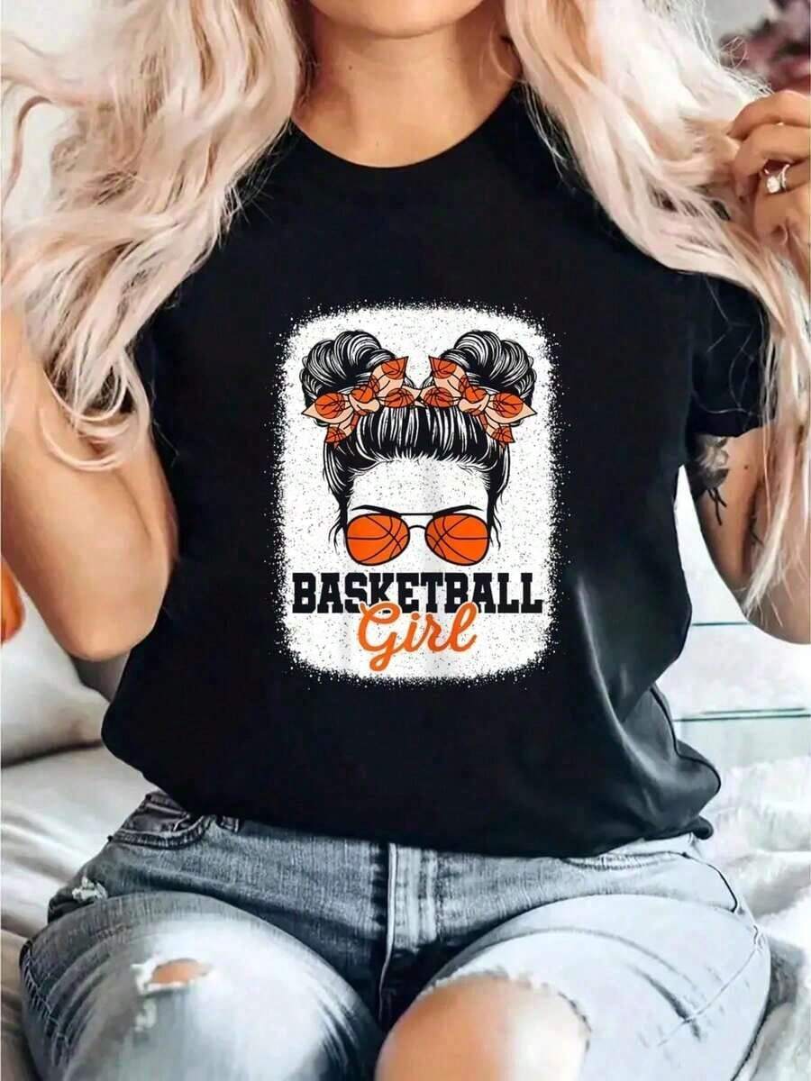 Algodón Camiseta Con Estampado De Jugadora De Baloncesto Para Mujer, Cuello Redondo, Manga Corta, Cómoda, Informal, Para Primavera Y Verano, % Algodón. Blusas Para Mujer Camisa - Negro - Ver 1