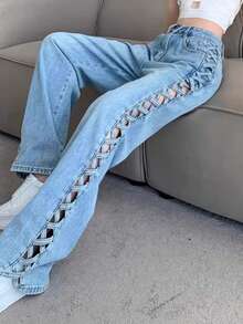 Pantalón de mezclilla nuevo de primavera-verano para mujer, estilo americano, con calados, corte ancho, tiro alto, larga hasta el suelo, liviano, favorecedor, versátil, de diseño, perfecto para looks de día, calle y ocasiones informales - azul - Ver 10