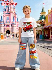 2026 New Disney Children's T-Shirt And Jeans Set, Children's T-Shirt And Jeans Set, Cars Lightning McQueen Pattern Printed T-Shirt And Jeans Set, Comfortable And Breathable, Suitable For Boys And Girls, A Perfect Gift For Children. - White - View 2