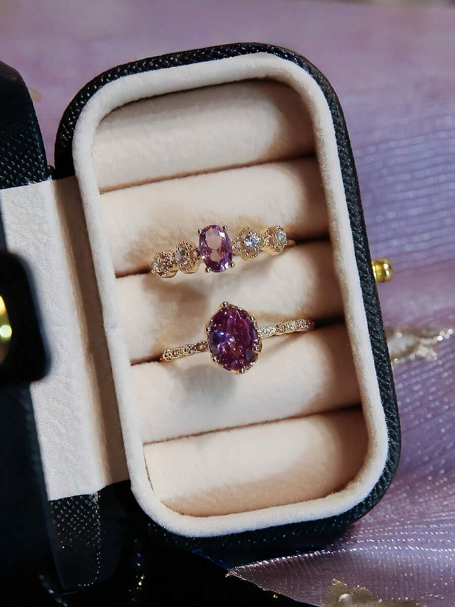 Bộ 2 chiếc nhẫn Zirconia màu tím lấp lánh, sang trọng và tinh tế, thiết kế mở độc đáo. - Màu tím - Xem 1