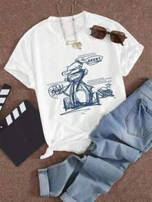 Camiseta holgada de cuello redondo y manga corta para mujer con estampado de líneas, motivos geométricos y letras. - Blanco - Ver 1