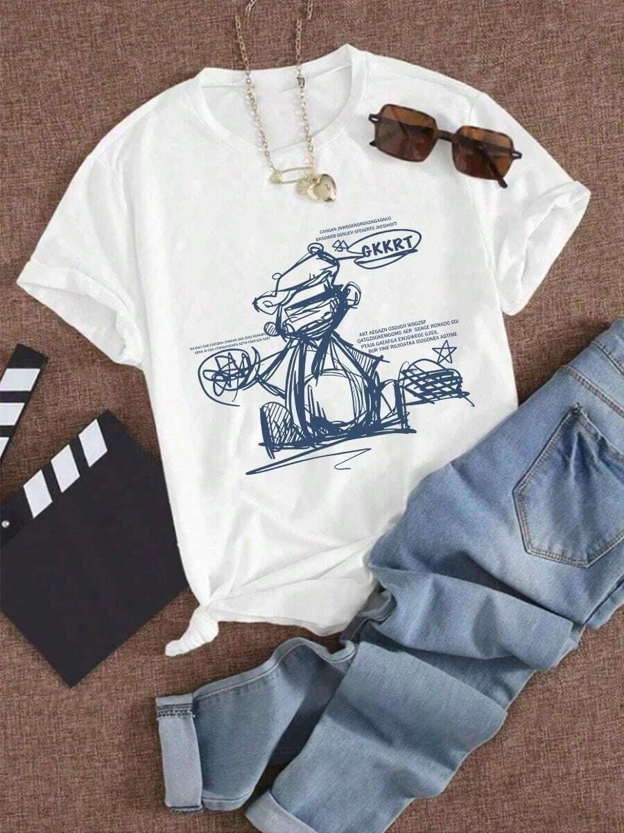 Camiseta holgada de cuello redondo y manga corta para mujer con estampado de líneas, motivos geométricos y letras. - Blanco - Ver 1