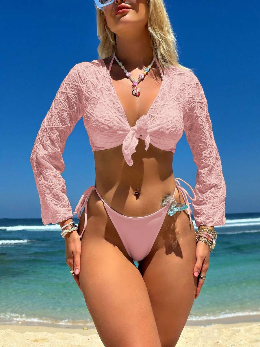 Nuevo traje de baño de tres piezas de malla especial, bikini sexy - rosa - Ver 1