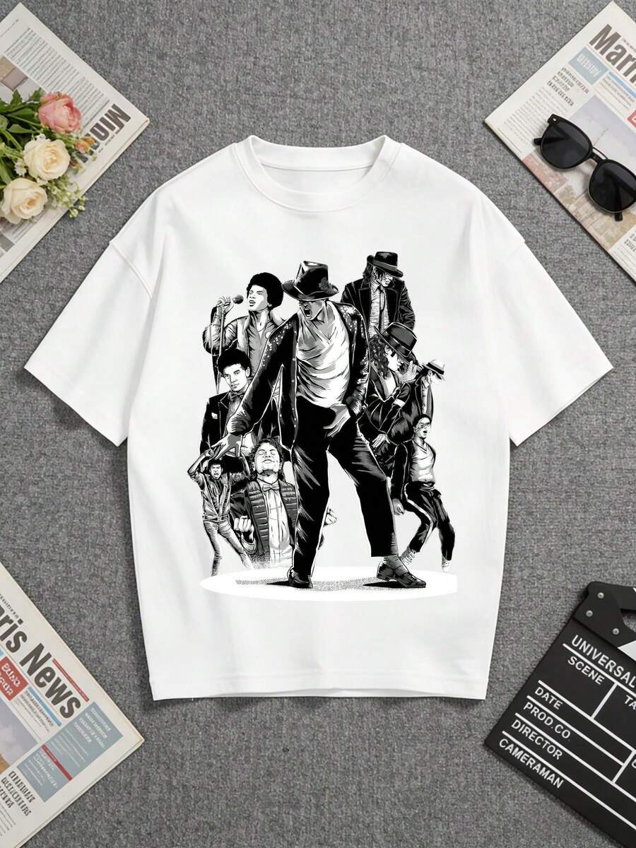 Camiseta blanca, 100% algodón, estampada con un llamativo diseño de "Moonwalker". Perfecto para los amantes del baile clásico y de las actuaciones icónicas. - Blanco - Ver 1