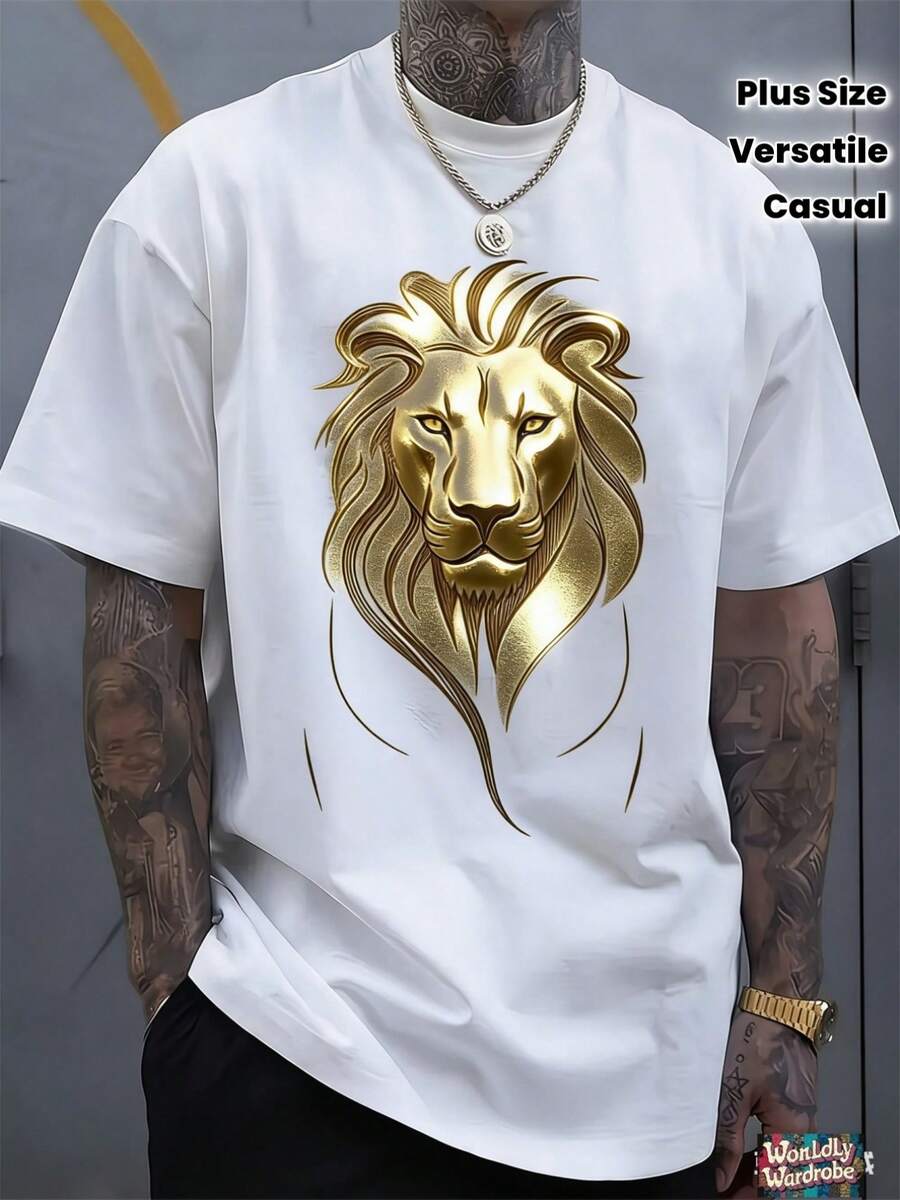 Camiseta con estampado de león, camiseta de talla grande para hombre, camiseta con diseño gráfico sencillo, casual y versátil, camiseta blanca sencilla, de algodón puro, camiseta de verano. - Blanco - Ver 1