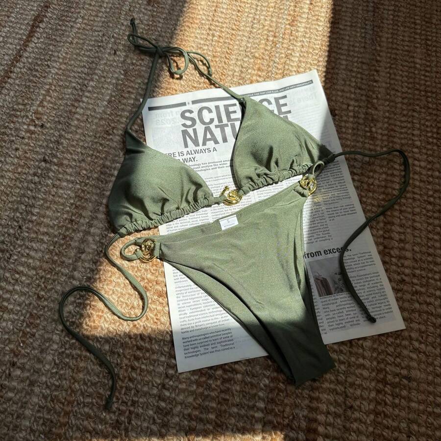 New And Sexy Two-Piece Swimsuit Made Of Shiny Metallic Nylon With Rings, Open Back And Back Tie. - Ocean Green - View 1