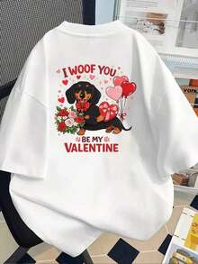 Camiseta de manga corta estampada con diseños frontales y traseros - "I WOOF YOU," Día de San Valentín - Camiseta estampada para mujer, primavera/verano, ¡tu mejor elección! Transpirable y cómoda. - Blanco - Ver 2