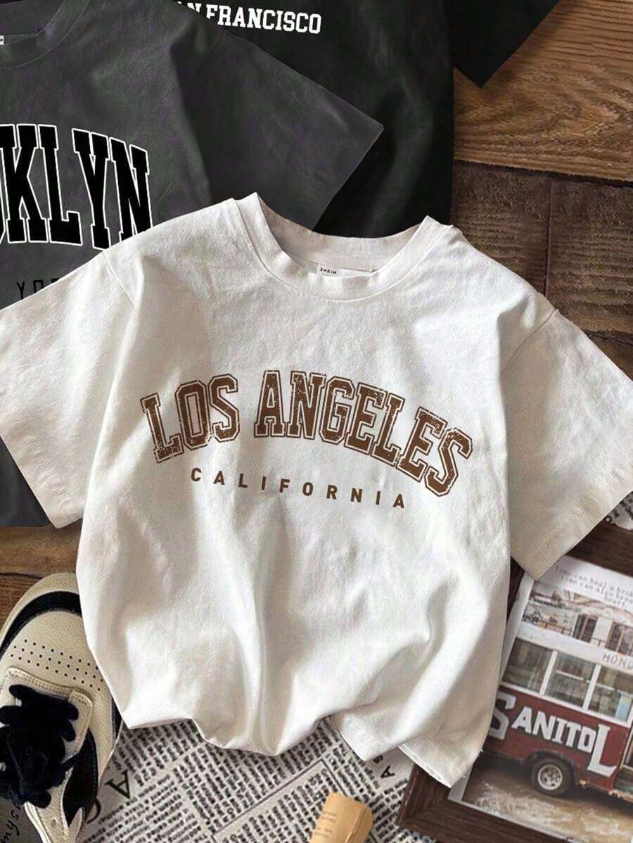 3-Piece Set: Women's Ribbed Short-Sleeved T-Shirt With Retro English Text Pattern In Black, White, And Gray, Suitable For Summer - White - View 1