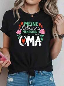 Loose1 pieza clásica y versátil, camiseta de manga corta de algodón puro con estampado temático de la abuela, mi favorita, estilo moderno.Basic Crew Neck Cotton T-shirt for Women - Negro - Ver 1