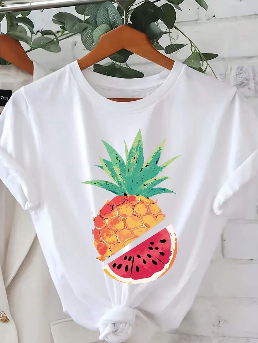 Camiseta Casual de Manga Corta con Cuello Redondo para Mujer - Estampado de Piña y Sandía, Camiseta de Verano Transpirable y Lavable aáquina, Adecuada para Conjuntos de Primavera y Verano, Ropa Casual, Camiseta con Estampado Divertido, Adecuada para Todas las Temporadas - Camiseta Vintage de Estilo Urbano Unisex de Algodón, Manga Corta y Cuello Redondo - Blanco - Ver 1