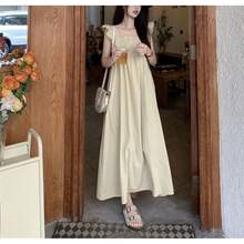 Sweet Youth Backless Square Neck Lotus Leaf Sleeve Bow Lace-Up Dress, Elegant Spring And Summer Long Dress - Màu be - Xem 6