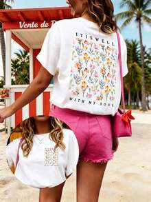 Camiseta Estampada: Camiseta Casual de Manga Corta y Cuello Redondo para Mujer, para Primavera/Verano - Con Estampado Floral, Ideal para Uso Diario. - Blanco - Ver 1