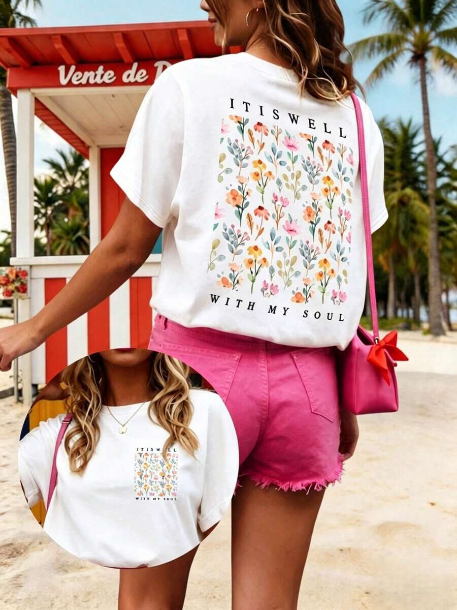 Camiseta Estampada: Camiseta Casual de Manga Corta y Cuello Redondo para Mujer, para Primavera/Verano - Con Estampado Floral, Ideal para Uso Diario. - Blanco - Ver 1