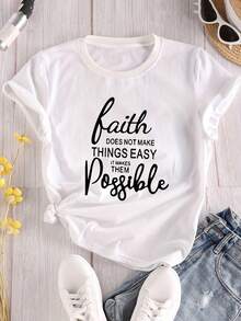 Camiseta de talla grande con estampado de letras, top casual de manga corta para primavera y verano, ropa de talla grande para mujer - Blanco - Ver 6