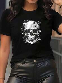 Soft, breathable, and lightweight for all-day comfortUnique Clothes Crew Neck Casual Comfortable Halloween T-Shirt | Short Sleeve, Fabric, Lightweight Durable Design, Perfect Fit For Restaurant Or Living Room Use, Mature Style, All Season, Medium Stretch Fabric, Print PatternClassic crew neck with a relaxed fit that flatters all body shapes and easy to pair with jeans, shorts, and leggings. - Negro - Ver 1