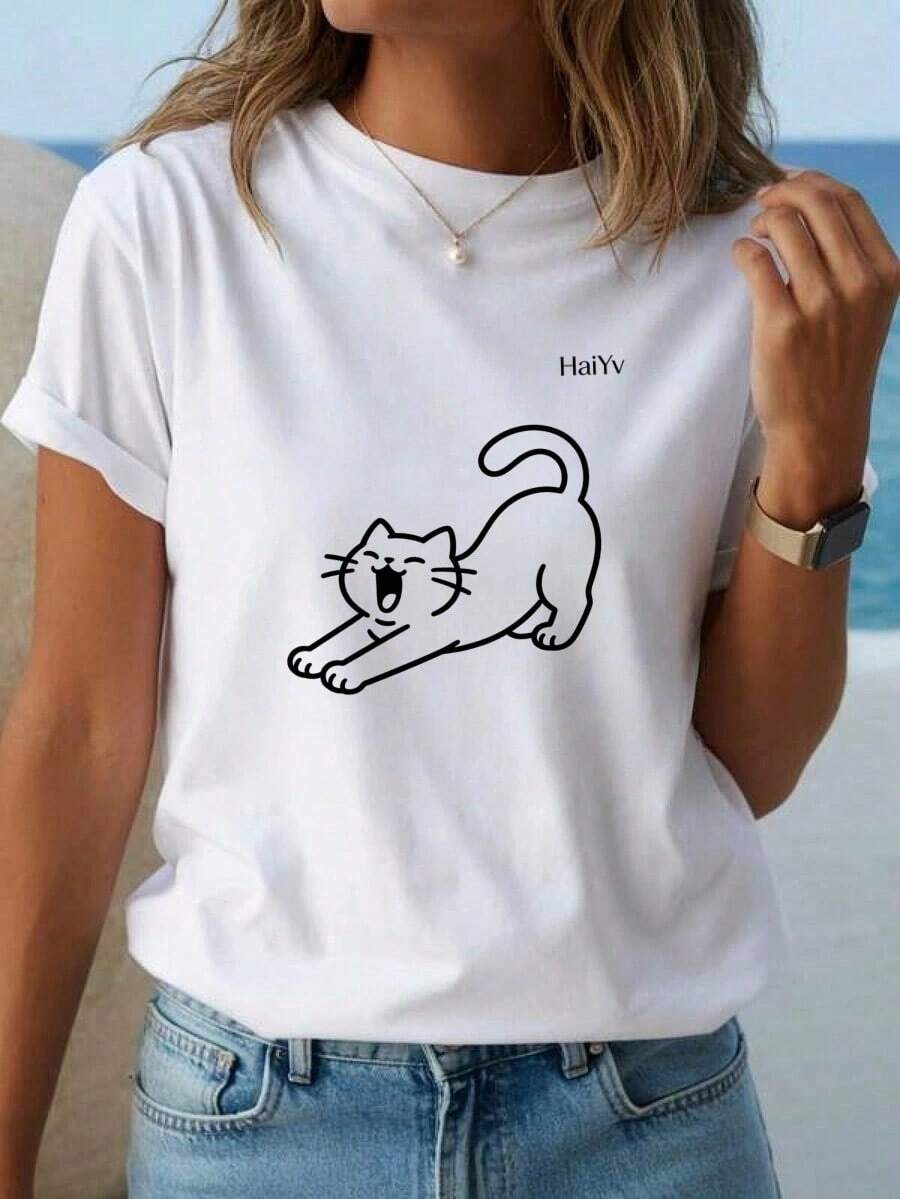 Oferta por tiempo limitado, cantidad limitada disponible, relámpago, camisas de mujer, camisetas de mujerCamiseta Blanca de Mujer Manga Corta Cuello Redondo, Estampado de Gato en Linea, Playera Casual Comoda para Uso Diario - Blanco - Ver 1