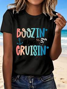 Boozin And Cruisin T Shirt With Colorful Text Anchor Cocktail Design Beach Vacation Outfit Perfect Gift For Summer Getaway Party Fun Cruise Trip Fashionable Casual Wear - Negro - Ver 1