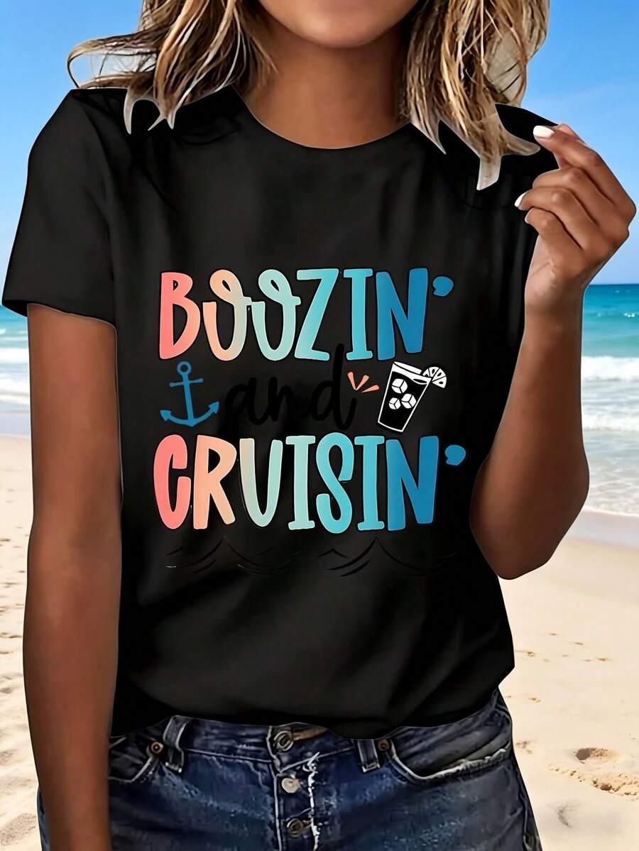Boozin And Cruisin T Shirt With Colorful Text Anchor Cocktail Design Beach Vacation Outfit Perfect Gift For Summer Getaway Party Fun Cruise Trip Fashionable Casual Wear - Negro - Ver 1