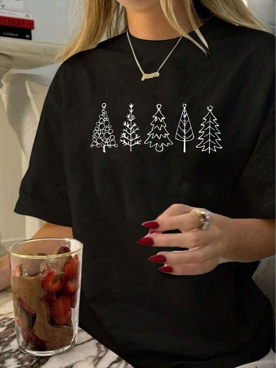 Women'S Vintage Casual Printed T-Shirt With A Round Neck - Black - View 1