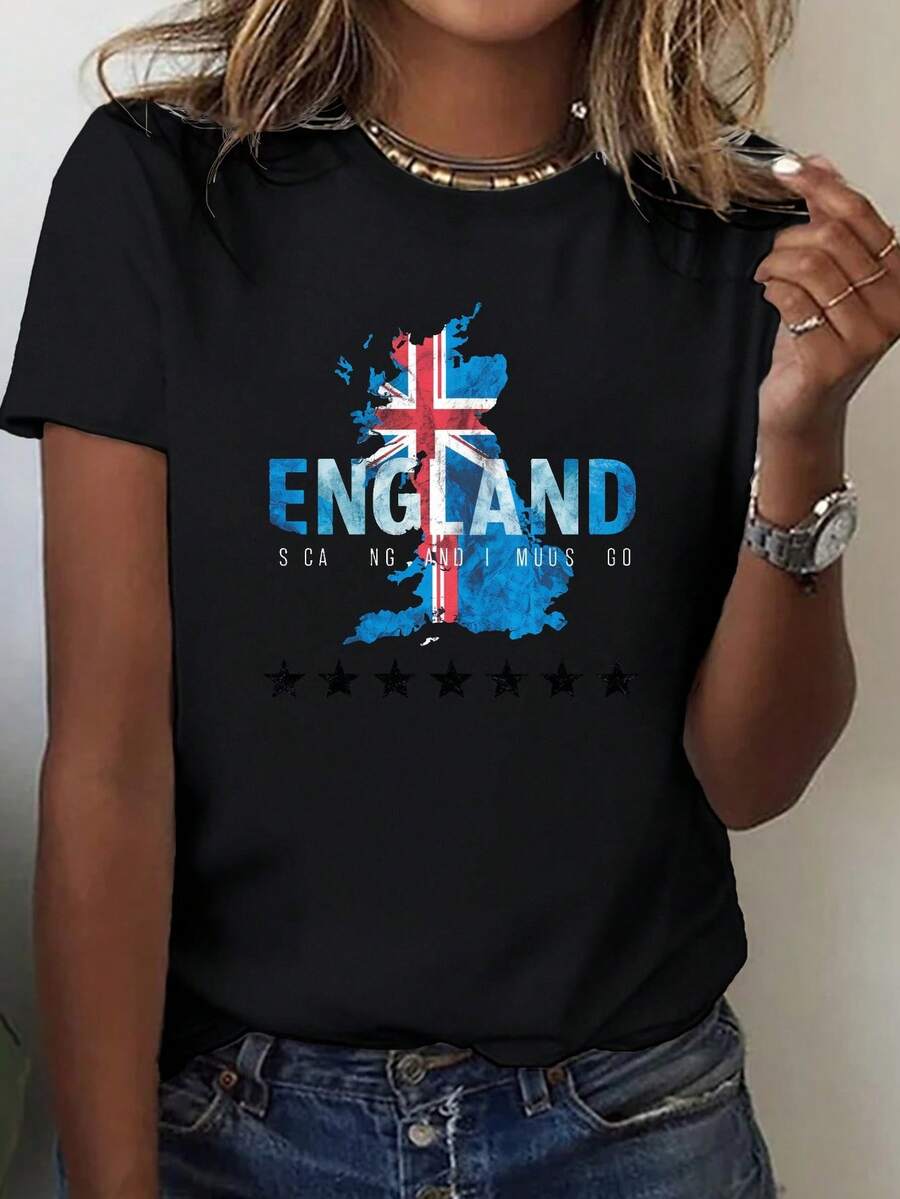 Camiseta de mujer de algodón puro con mapa de Inglaterra, cómoda y de buen ajuste. - Negro - Ver 1