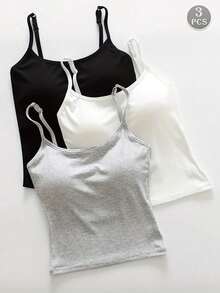 3PCS Tank Tops Women Summer Tops - Scoop Neck Sleeveless Crop Top W/ Built In Bra, Soft Stretch Wireless Padded, Workout & Casual - 彩色 - 查看 1