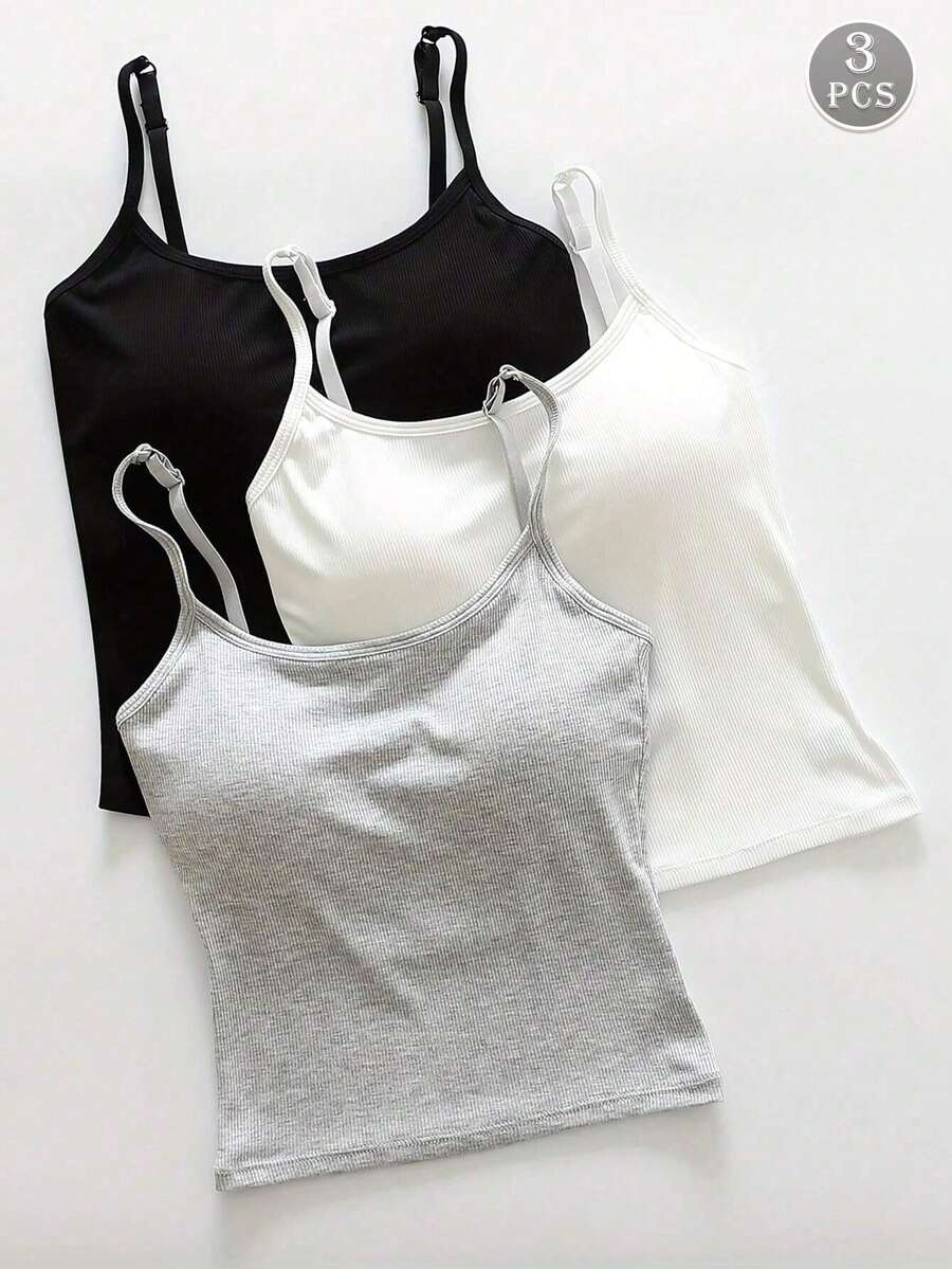 3PCS Tank Tops Women Summer Tops - Scoop Neck Sleeveless Crop Top W/ Built In Bra, Soft Stretch Wireless Padded, Workout & Casual - 彩色 - 查看 1
