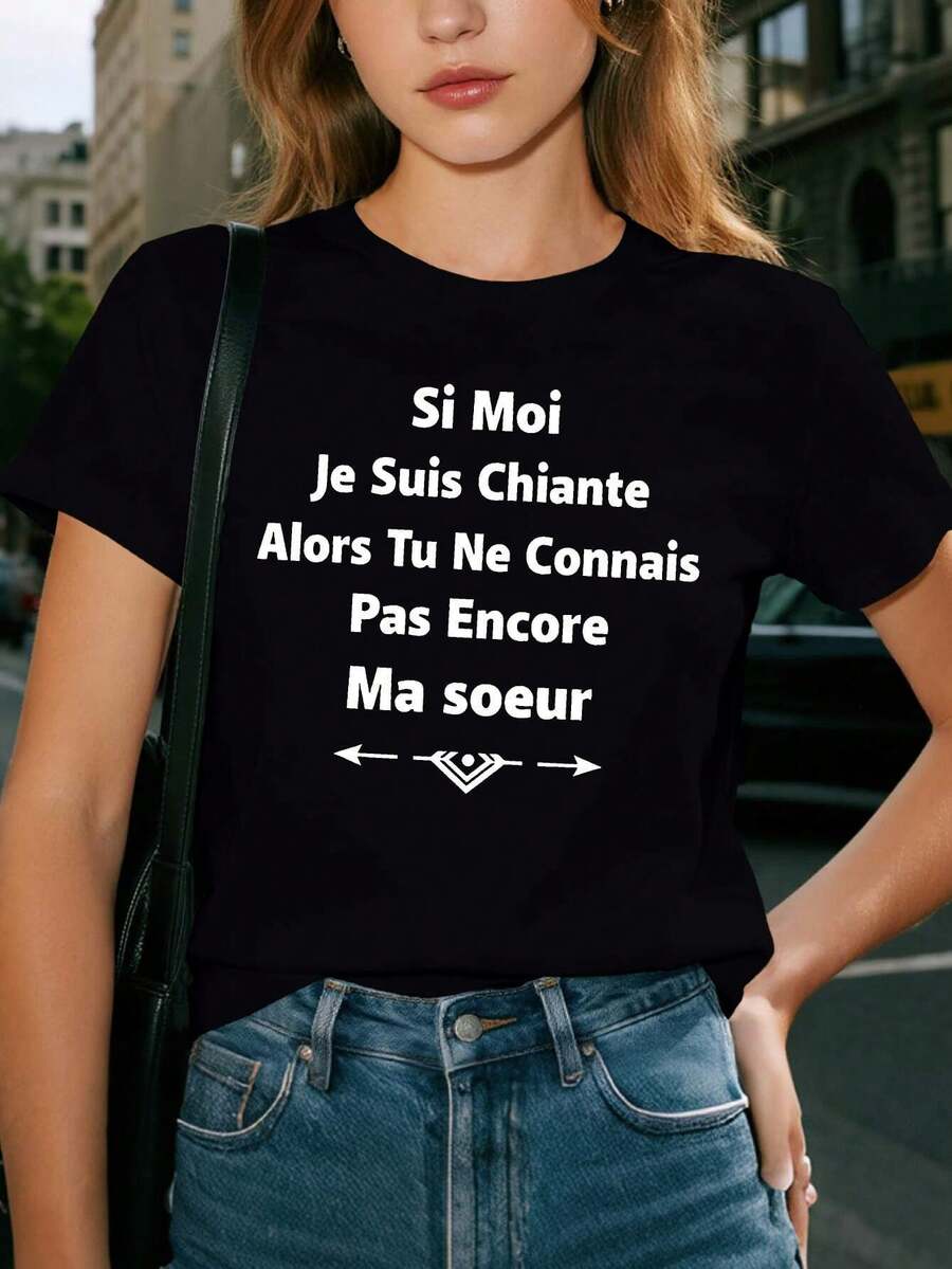 Ropa ligera de una pieza para mujer, estilo francés "Si Moi Je Suis Chiante..." con flechas negras y símbolos geométricos, cuello redondo deportivo informal, ropa de invierno para mujer, regalo de Navidad, atuendo navideño, atuendo casual diario, verano. - Negro - Ver 1