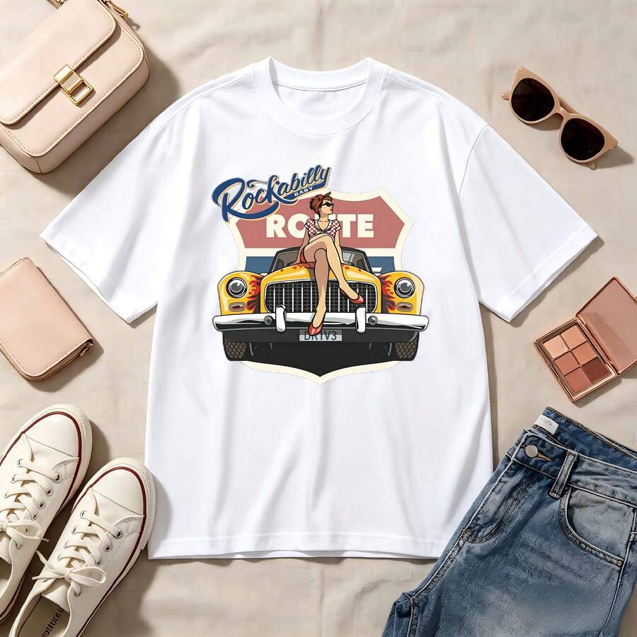 Retro Rockabilly  100% Cotton Oversized Soft Breathable Casual Crewneck Short Sleeve Top, Vintage Aesthetic Summer Vibes Streetwear Style for Women and Men - Blanco - Ver 1