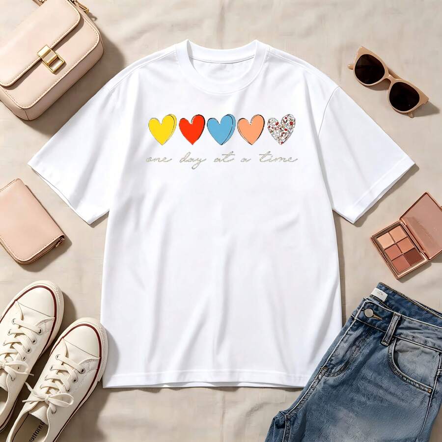 Casual Crewneck, Short Sleeve Top, 100% Cotton, Oversized, Soft Breathable, Kawaii Aesthetic, Summer Vibes, Romantic Heart Design, Everyday Wear, Women's Fashion - Blanco - Ver 1
