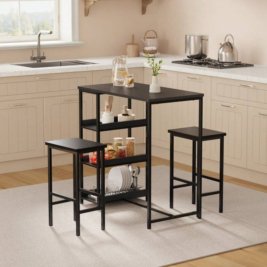 3-teiliges Esszimmer Set – Industrieller Bartisch mit 2 Hockern & Ablagefächern, platzsparend, Metall & Holz, ideal für kleine Küchen, Apartments oder Esszimmer, rustikales Braun - Schwarz - Übersicht 1