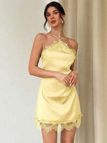 Vestido mini ajustado de satén negro con adorno de encaje, elegante y romántico para citas, festivales de música, fiestas, graduaciones, vacaciones, invitada de boda, vestido de cumpleaños - Amarillo - Ver 6