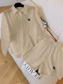 Conjunto de camisa de manga larga a rayas de un solo pecho y pantalones cortos versátiles de estilo vintage casual - Caqui - Ver 4