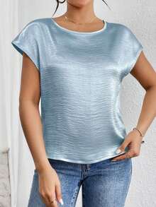 holgada y elegante casual con detalles metálicos en los hombros, blusa plisada de satén sólido de manga tipo murciélago para mujeres - Celeste - Ver 5