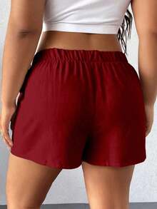 Falda pantalón informal de aspecto de mezclilla con doblez asimétrico y nudo lateral para mujer talla grande - Burdeos - Ver 2