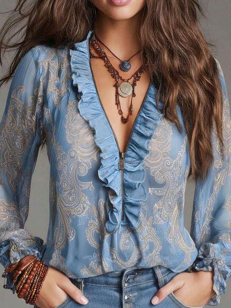Blusa de gasa con cremallera, estampado de paisley barroco elegante y estilo vacacional, con volantes. Blusa de gasa transparente con estampado floral todo sobre todo para uso diario y vacaciones, primavera/verano - Azul cielo - Ver 1