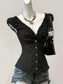 Camisa de mujer de manga corta con botones de madera, volantes y rayas verticales texturizadas en estilo retro francés, adecuada para primavera/verano, casual y citas - Negro - Ver 3