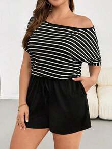 Rompers para mujeres de talla grande, mono informal de rayas, vestidos de verano para mujer, traje de una pieza, mono corto, para dama - Blanco y Negro - Ver 7