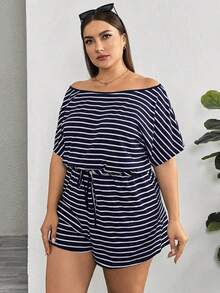 Rompers para mujeres de talla grande, mono informal de rayas, vestidos de verano para mujer, traje de una pieza, mono corto, para dama - Azul marino - Ver 4