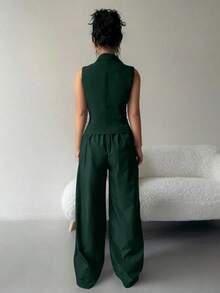 Conjunto de 2 piezas de ropa de otoño: top sin mangas y pantalones de unicolor - Verde - Ver 2