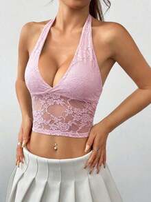 Camiseta sin espalda casual de mujer con parches de encaje azul marino sólido - Rosa - Ver 5