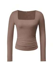 Camiseta ajustada de manga larga con cuello cuadrado para mujer, primavera/verano Y2K, unicolor, sexy, adecuada para el Día de San Valentín y uso casual - Marrón Mocha - Ver 3