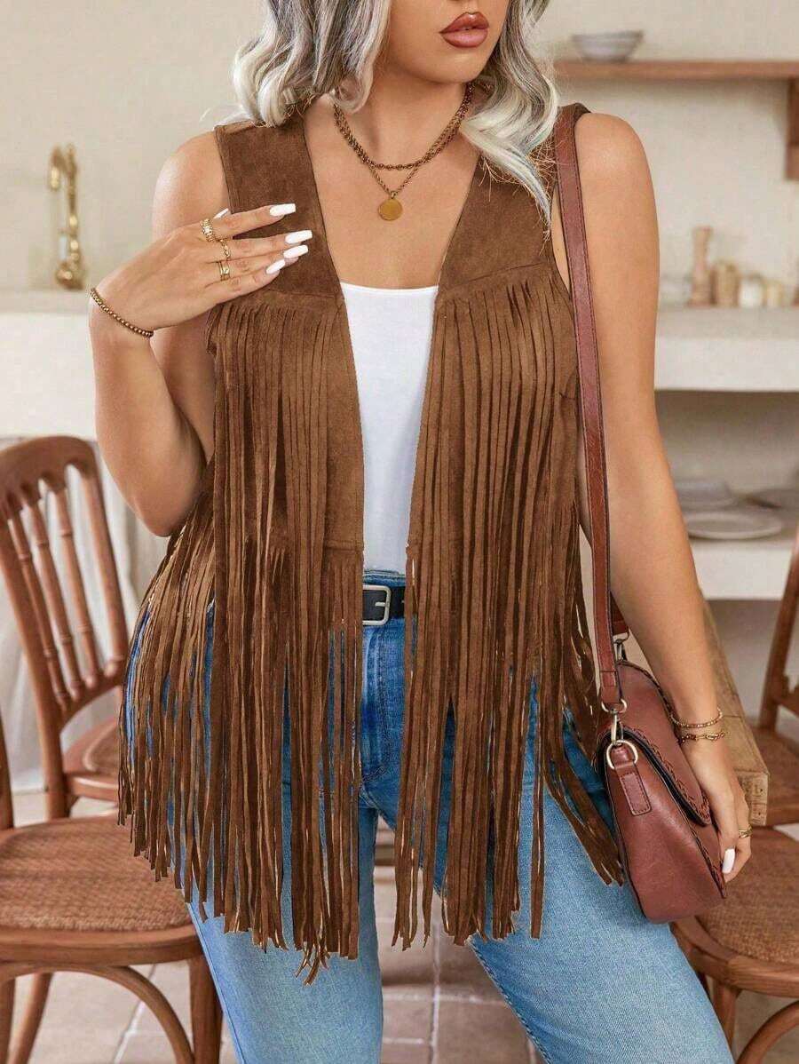 Cazadora sin mangas de unicolor para talla grande, de moda para el verano - Marrón - Ver 1